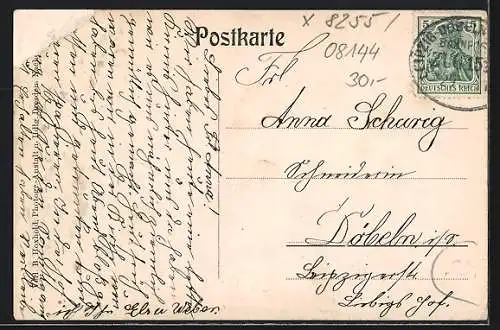 AK Hirschfeld b. Nossen, Pferde mit landschaftlichem Gerät auf Feld, Fachwerkhaus
