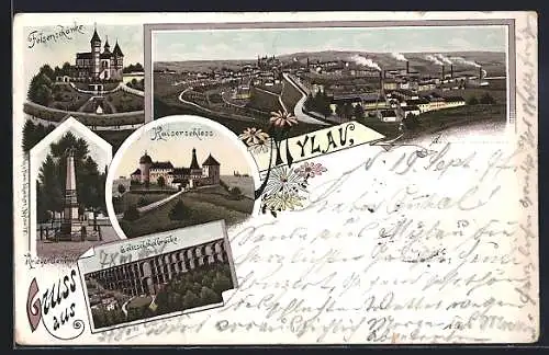 Lithographie Mylau, Gasthaus Felsenschänke, Kaiserschloss, Goltzschthalbrücke