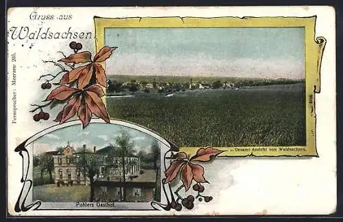 AK Waldsachsen / Meerane, Pohlers Gasthof und Totalansicht im Passepartout