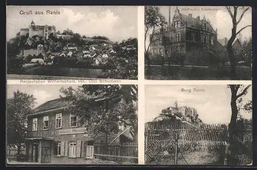 AK Ranis, Restauration Wilhelmshain, Inh. Otto Schumann, Burg, Krankenhaus und Gesamtansicht