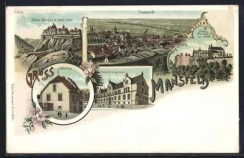 Lithographie Mansfeld, Johanniter Siegenhaus, Schloss Mansfeld, Lutherhaus