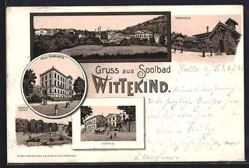 Lithographie Wittekind, Villa Charlotte, Kurhaus mit Garten, Trinkhalle