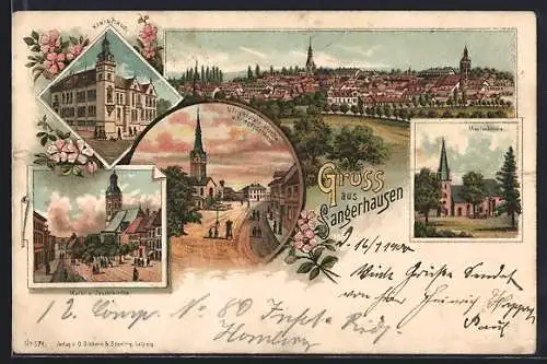 Lithographie Sangerhausen, Kreishaus, Markt und Jacobikirche, 5 Ansichten