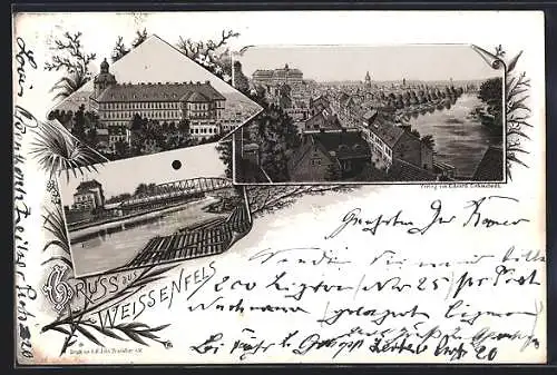 Lithographie Weissenfels, Schloss, Flusspartie und Teilansicht