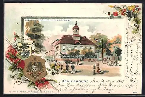 Passepartout-Lithographie Oranienburg, Am Radfahrer Bundes-Hotel, ehem. Rathaus, Wappen