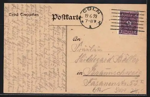 Lithographie Cöln a. Rh., Restaurant Zum Treppchen, Mathias Beckmann, Am Hof 38-44, Blick zum Dom