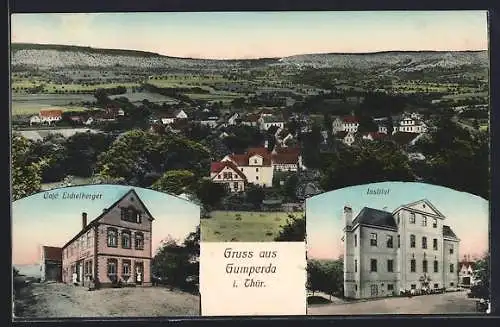 AK Gumperda i. Thür., Café Eichelberger, Institut und Totalansicht