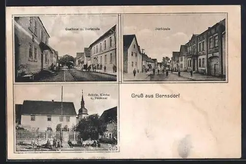 AK Bernsdorf / Kahlwinkel, Dorfstrasse, Gasthaus, Schule, Kirche und Denkmal