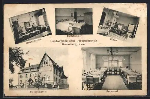 AK Ronneburg /S.-A., Landwirtschaftliche Haushaltschule, Innenansichten Schlafzimmer und Küche