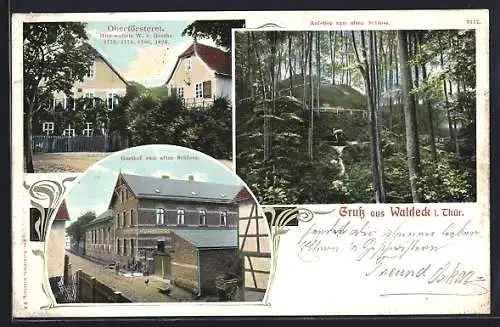 AK Waldeck / Thür., Gasthof zum alten Schloss, Oberförsterei, Aufstieg zum a. Schloss