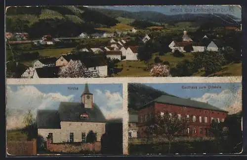 AK Langenorla /S.-A., Gasthof zum Orlatale, Kirche, Gesamtansicht