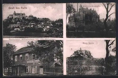 AK Ranis, Restauration Wilhelmshain, Inh. Otto Schumann, Burg, Krankenhaus und Gesamtansicht