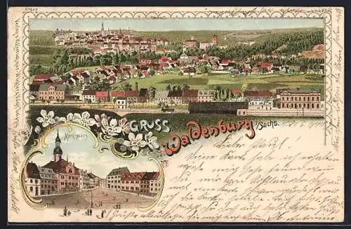 Lithographie Waldenburg / Sachsen, Totalansicht aus der Vogelschau, Marktplatz