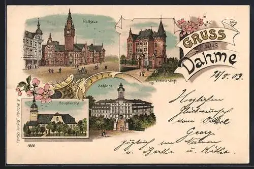 Lithographie Dahme / Mark, Victoria-Stift, Schloss, Rathaus