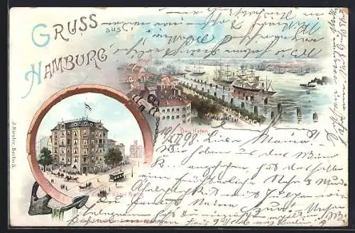 Lithographie Hamburg, Hotel Berg mit Strasse, Hafen mit Strasse aus der Vogelschau