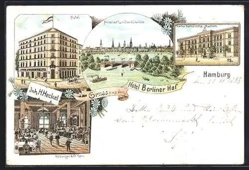 Lithographie Hamburg-Neustadt, Jungfernstieg, Hotel Berliner Hof, Naturhistorisches Museum, Alster, Lombardsbrücke