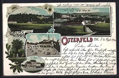 Lithographie Osterfeld / Halle, Ortsansicht, Markt, Bahnhof