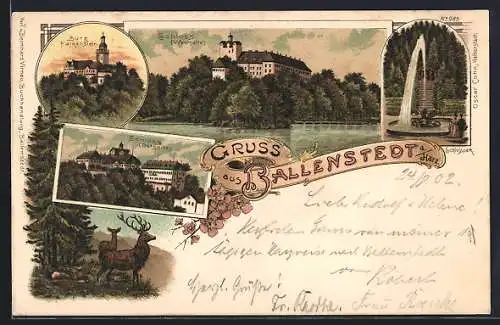 Lithographie Ballenstedt a. Harz, Schloss von Osten u. Westen, Springbrunnen im Schlosspark, Hirsche