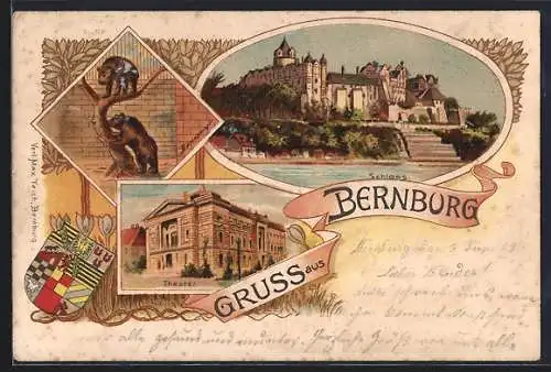 Lithographie Bernburg, Theater, Schloss, Bären im Gehege, Wappen