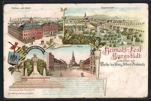 Lithographie Burgstädt, Heimatfest und Weihe des König Albert Denkmal's, Rathaus & Schule, Markt, Gesamtansicht