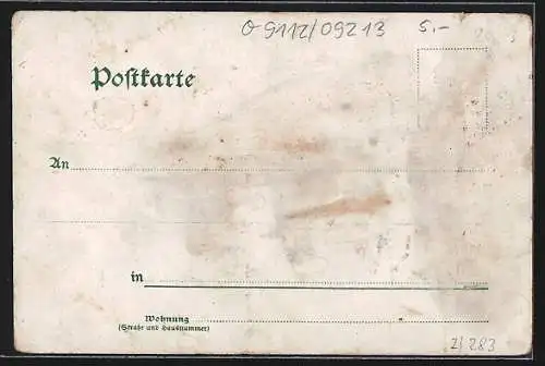 Lithographie Burgstädt, Heimatfest und Weihe des König Albert Denkmal's, Rathaus & Schule, Markt, Gesamtansicht