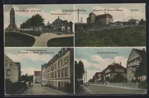 AK Chemnitz-Borna, Knopffabrik Petzold & Maeser, Wittgensdorferstrasse m. Konditorei & Kaffee Rob. Schubert