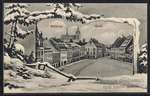 AK Mittweida, Markt-Panorama mit Strasse, im Winterlandschafts-Passepartout, Neujahrsgruss