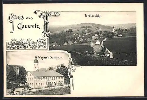 AK Clausnitz, Wagners Gasthaus mit Strasse aus der Vogelschau, Totalansicht mit Strasse u. Bergblick aus der Vogelschau