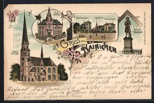 Lithographie Hainichen / Sa., Hotel mit Postgebäude und Villa Kirbach, Gessert-Denkmal