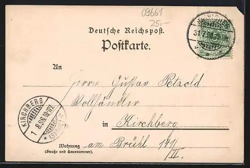 Lithographie Hainichen / Sa., Hotel mit Postgebäude und Villa Kirbach, Gessert-Denkmal
