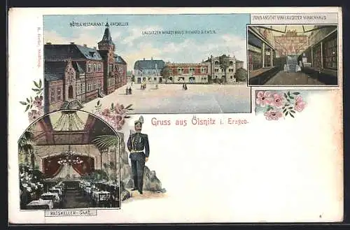 AK Ölsnitz i. Erzgeb., Platz mit Hotel-Restaurant Ratskeller und Lausitzer Warenhaus, Innenansichten, Bergmann