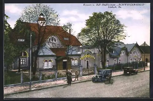 AK Limbach /Sa., Gaststätte Etablissement Schweizerhaus W. Dittrich mit Strasse, Automobile, Fahrradfahrer