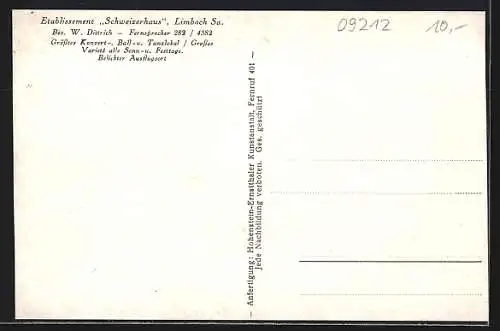 AK Limbach /Sa., Gaststätte Etablissement Schweizerhaus W. Dittrich mit Strasse, Automobile, Fahrradfahrer