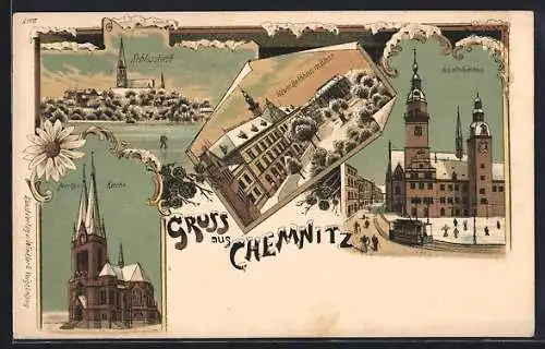 Winter-Lithographie Chemnitz, Neues Rathaus mit Börse, Schlossteich mit Spaziergänger auf dem Eis, Altes Rathaus