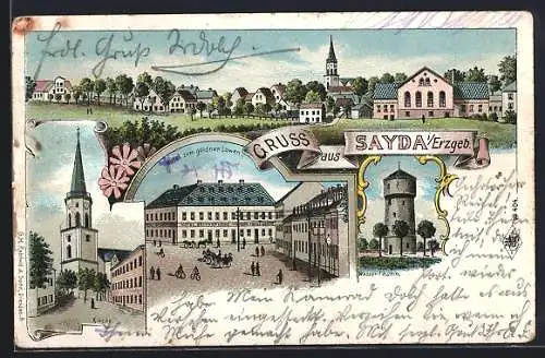 Lithographie Sayda, Hotel zum goldenen Löwen, Kirche, Wasserturm, Totalansicht