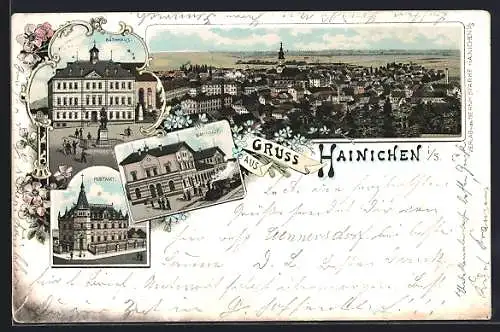 Lithographie Hainichen i. S., Bahnhof, Postamt, Rathaus mit Denkmal, Totalansicht