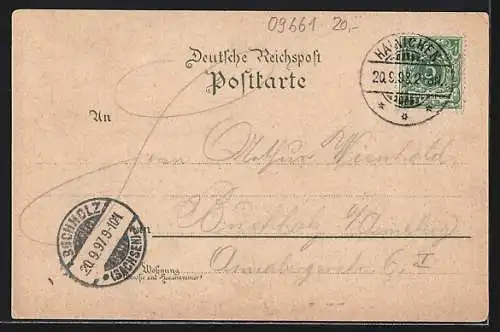 Lithographie Hainichen i. S., Bahnhof, Postamt, Rathaus mit Denkmal, Totalansicht