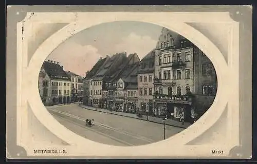 AK Mittweida i. S., Marktpartie mit Kaufhaus H. Bach aus der Vogelschau, im Rahmen