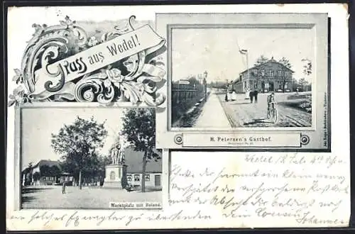 AK Wedel, H. Petersens Gasthof mit Strasse, Marktplatz mit Roland, Rahmen, Ornamente