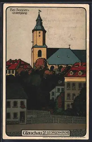 Steindruck-AK Glauchau, St. Georgenkirche bei Sonnenuntergang