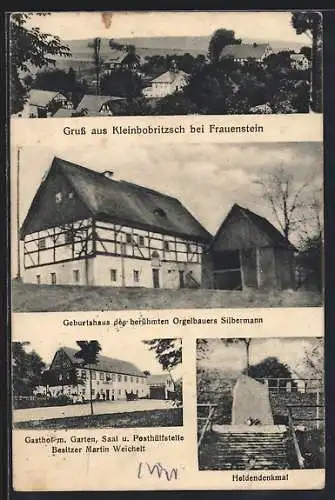 AK Kleinbobritzsch bei Frauenstein, Gasthof mit Garten, Saal und Posthilfstelle, Geburtshaus des Orgelbauers Silbermann