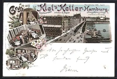 Lithographie Hamburg-Neustadt, Restaurant Kiel`s Keller mit Jungfernstieg, Grosser Saal, Vorsaal