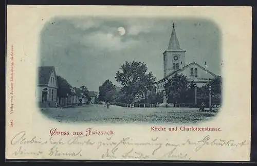 Mondschein-AK Friesack, Kirche und Charlottenstrasse