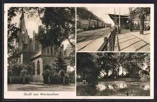 AK Werneuchen, Blick auf den Bahnsteig mit Zug, Kirche, Teich mit Bank