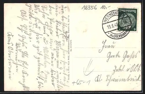 AK Werneuchen, Blick auf den Bahnsteig mit Zug, Kirche, Teich mit Bank