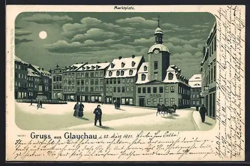 Lithographie Glauchau, Kutsche am Marktplatz im Winter bei Nacht