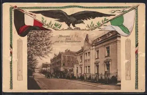 AK Meerane i. Sa., Blick auf die Oberrealschule, Passepartout mit Fahnen und Adler