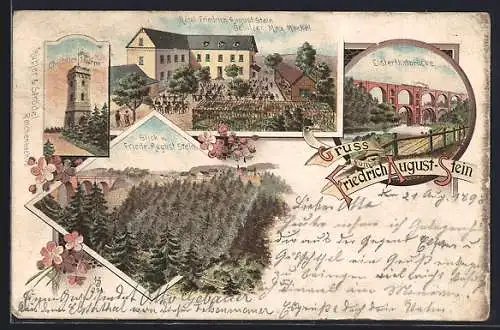 Lithographie Jocketa, Hotel Friedrich August Stein, Elsterthalbrücke