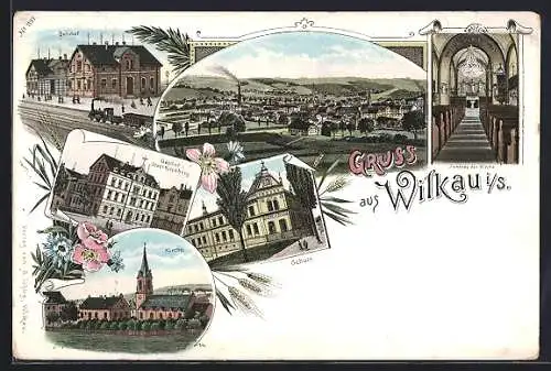 Lithographie Wilkau i. S., Gasthaus Stadt Kirchberg, Schule, Bahnhof