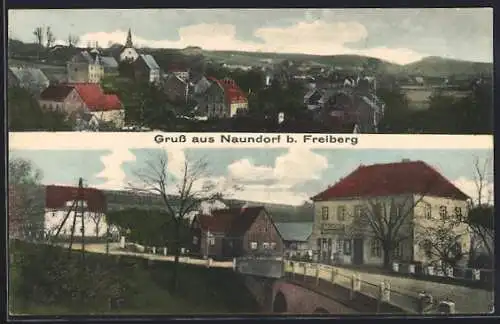 AK Naundorf / Freiberg, Panorama und Ortspartie mit Bäckerei